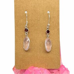 Faceted Rose Quartz & Garnet Earrings Solid 925 Sterling Silver Dangle Drop